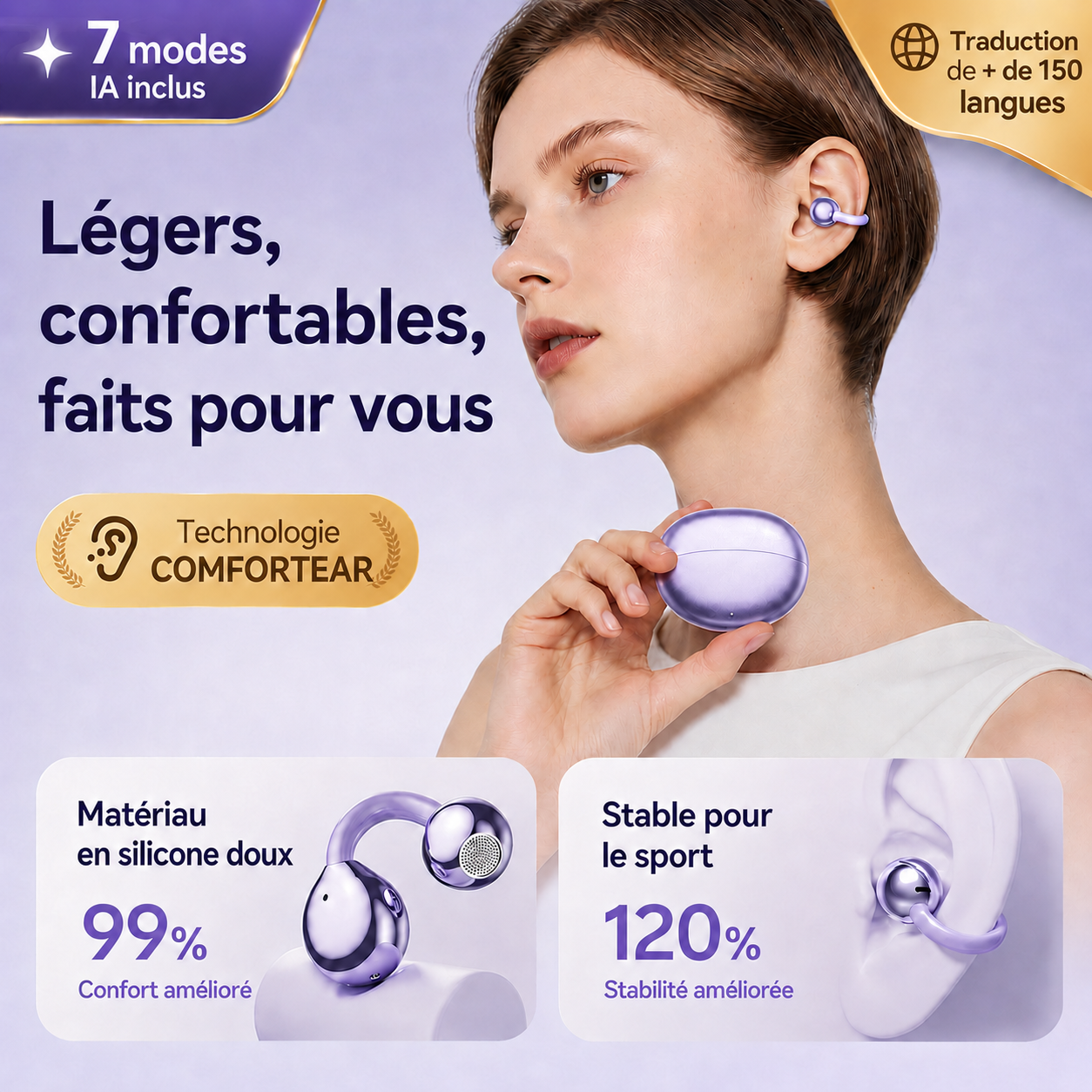 Beifa AI Écouteurs Traducteurs Clip-on – Gold – 150 langues